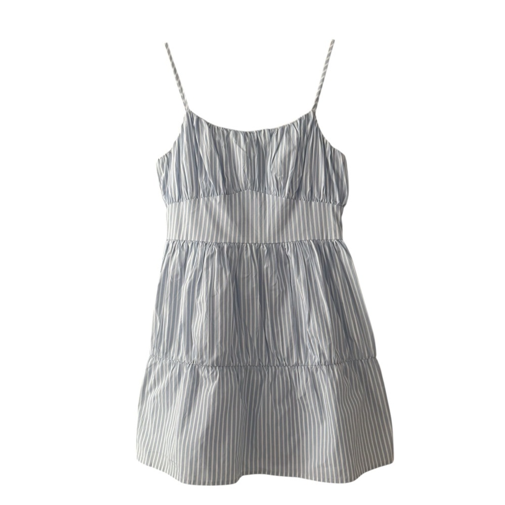 Express Striped Ruched Tiered Poplin Mini Dress